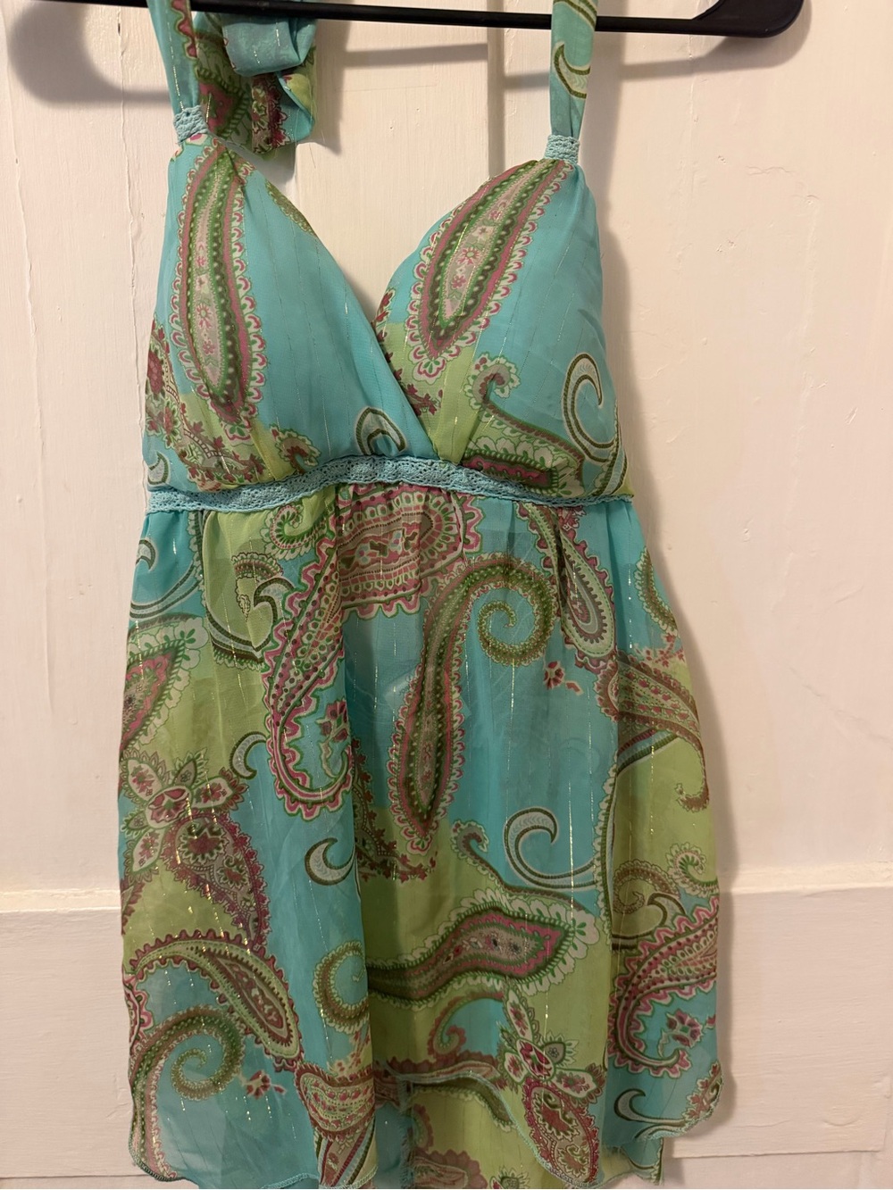 Jordache Aqua and Green Paisley Halter Mini Dress